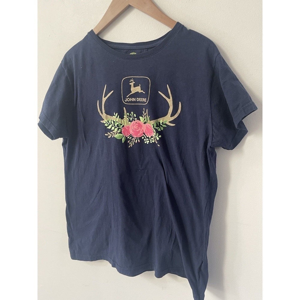 John Deere Womens T-Shirt XL Floral Roses Antlers Gold Sparkle Glitter Navy Blue